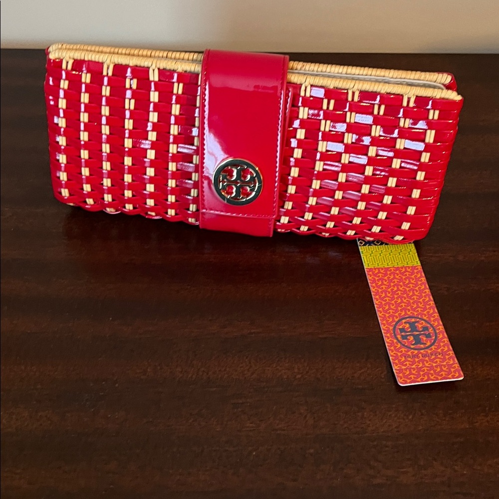 Tory Burch Red and Tan Woven Clutch